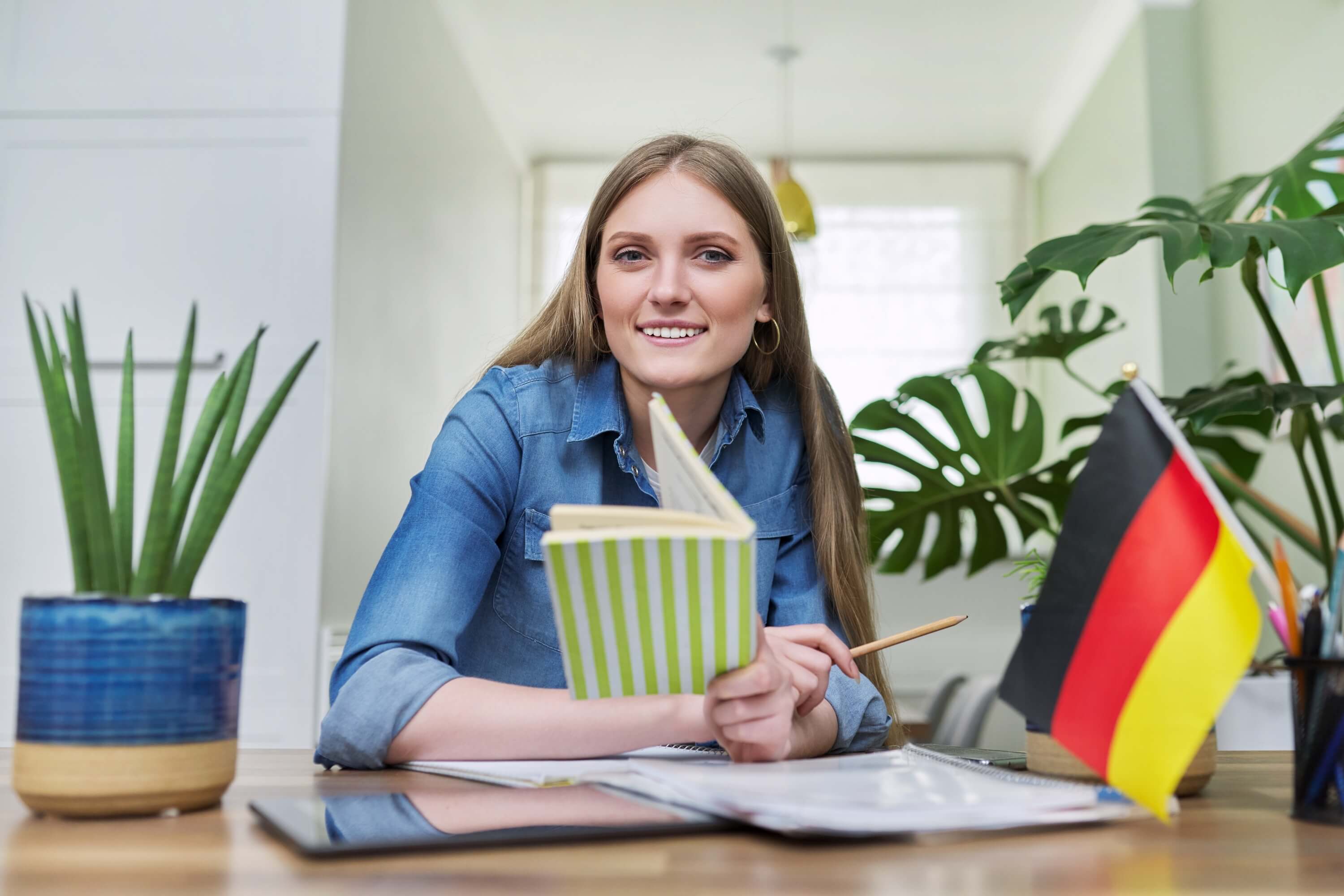 Student learning with German flag
